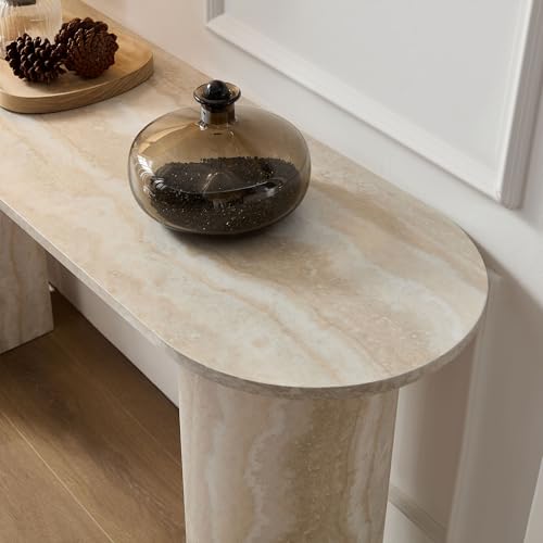 55.12" Marble Console Table Curved Narrow Entryway Table for Living Room Industrial Hallway, Entrance, Office, Corridor, Long Foyer, Corridor, Modern Faulx Marble Travertine Pattern Sofa Couch Table SCANORDIC