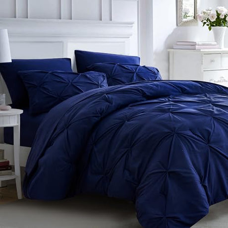 Ubauba 7pc Dark Blue King Comforter Set with Sheets, 7 Piece Pinch Pleating Bed in a Bag Royal Blue Bedding Comforters & Sets, Soft Fluffy Pintuck Bed Set (Navy,King) Ubauba