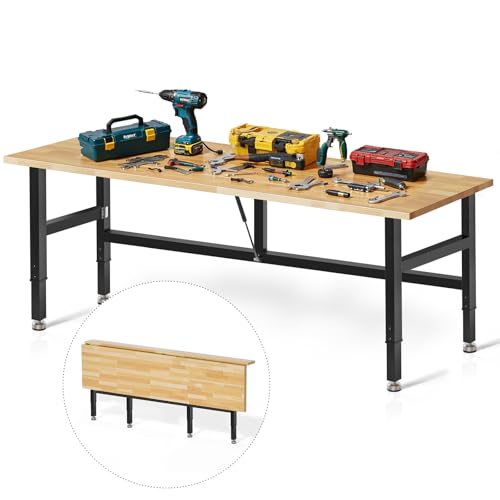 MUWOOD 72” Folding Workbench, 3000 LBS Capacity Heavy Duty Workbench, Height Adjustable Foldable Work Table, Rubberwood Collapsible Desk for Workshop, Garage, Office, Home MUWOOD