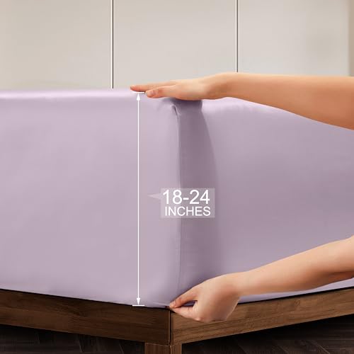 Vonty Extra Deep Pocket Full Sheet Sets - Cooling & Silky Satin Full Size Sheets with 18-24 Inch Deep Pocket, Luxury Lavender Satin Bed Sheets Fit Up to 24" Deep Mattress - 4 Piece Vonty