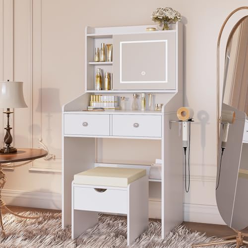 Viaozutis Vanity, Small Vanity Desk with Sliding Mirror, Dimmable LED Lights, 2 Drawers,Vanity Table Ideal for Bedroom (White) Viaozutis