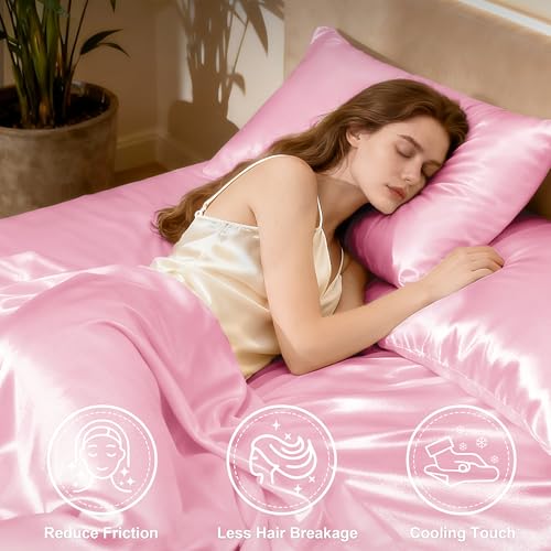 Love's cabin Satin Queen Sheets Set - 4 Piece Pink Silky Bed Sheets Set with Deep Pocket, Luxury Silk Feel Satin Queen Size Sheet Set (1 Flat Sheet, 1 Fitted Sheet, 2 Pillow Cases) Love's cabin