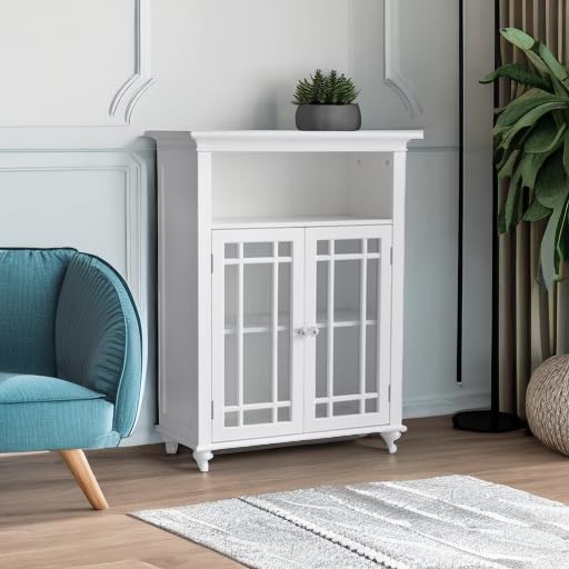 Teamson Home Neal Wooden Freestanding Floor Cabinet with 1 Adjustable Shelf 3 Storage Spaces 2 Glass Doors and 2 Clear Knobs, White Teamson Home