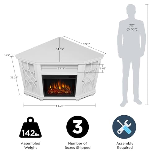Real Flame Lynette 56" Corner Electric Fireplace TV Stand or TVs up to 55 inches, Entertainment Center with Electric Fireplace, Living Room TV Stand with Fireplace, White Real Flame
