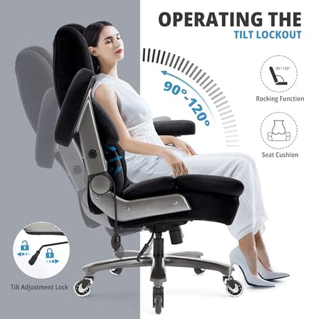 Fabric Big and Tall Office Chair 700lbs-High Back Executive Cloth Computer Chair with Adjustable Lumbar Support 3D Flip Arms Plus Size Rubber Wheels-Extra Wide Large Desk Chairs, Heavy Duty Metal Base VUZI