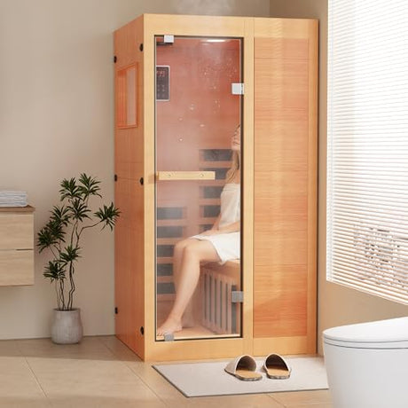 ROCSUMOO Infrared Sauna for 1 Person, Wooden Dry Sauna Room with backrest, 960W/120V Low EMF Indoor Saunas with Control Panel, 7-Color Therapy&Timer, Bluetooth Speakers for Home ROCSUMOO