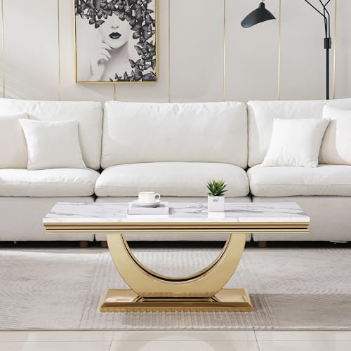 Henf 47" Marble Coffee Table Modern White Faux Marble Center Table with U-Shape Gold Mirrored Base Luxury Rectangular Accent Sofa Table Cocktail Table for Living Room Apartment Henf