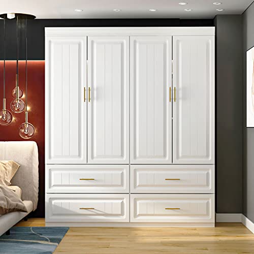 AIEGLE 4 Doors Wardrobe Armoire with 4 Drawers, 63" Wide Large Freestanding Armoire Wardrobe Closet with Shelves & Hanging Rod, Bedroom Clothes Storage Cabinet Organizer Set, White - WoodArtSupply