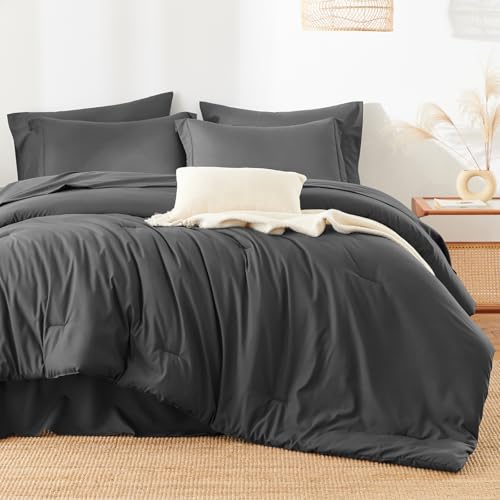 HIMEET Queen Comforter Set - 7 Pieces Bed in a Bag Queen Size, Luxury Comforter Set with Sheets for All Season, Bed Set with Comforter, Flat Sheet, Fitted Sheet, Pillowcases & Shams, Dark Grey HIMEET