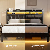 Siihnon Queen Size Bed Frame with 2-Tier Storage Shelves, LED Bed Frame with PU Leather Headboard, Metal Platform Bed with Charging Station, Noise Free, No Box Spring Needed, Easy Assembly, Black Siihnon
