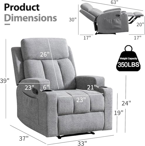 CANMOV Manual Recliner Chair with Massage & Heat,Soft Fabric Recliner Chair with Overstuffed Armrest & Backrest, Manual Reclining Single Sofa with 2 Cup Holders, Side Pocket for Living Room,Light Grey