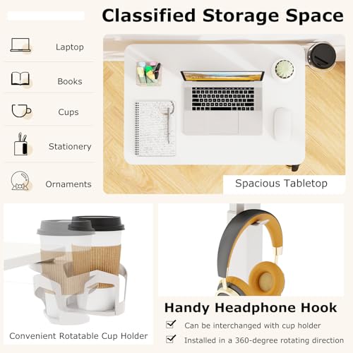 Tangkula Mobile Standing Desk, Pneumatic Height Adjustable Rolling Desk with Cup Holder & Headphone Hook, Overbed Table with Hidden Wheels, Laptop Computer Cart for Couch, Home, Office (White) Tangkula