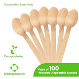 Concession Essentials Disposable Wooden Cutlery Spoons, Compostable and Earth Friendly, 6.25 Inch Length - Pack of 100 Spoons Concession Essentials
