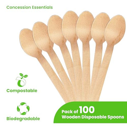 Concession Essentials Disposable Wooden Cutlery Spoons, Compostable and Earth Friendly, 6.25 Inch Length - Pack of 100 Spoons