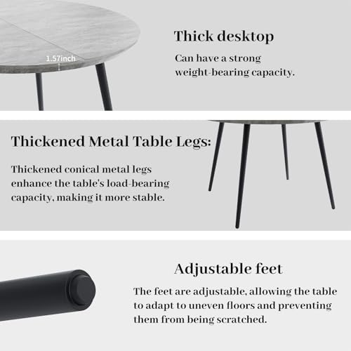 HIPIHOM 43.3"-59.1" Extendable Round Dining Table Set, Kitchen Table for 6 Person with Scratch-Resistant Thickened MDF Board, Gray Coffee Table w/Metal Legs HIPIHOM