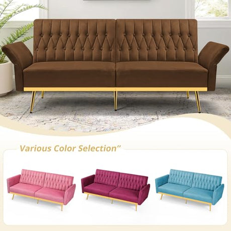ACMEASE 70” Velvet Futon Sofa Bed with 2 Pillows and Adjustable Armrests, Convertible Sleeper Bed W/Adjustable Backrests, Modern Loveseat for Living Room, Bedroom, Brown ACMEASE