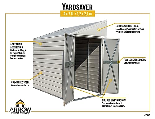 Arrow YS47-A Compact Galvanized Steel Storage Shed with Pent Roof, 4' x 7' - WoodArtSupply