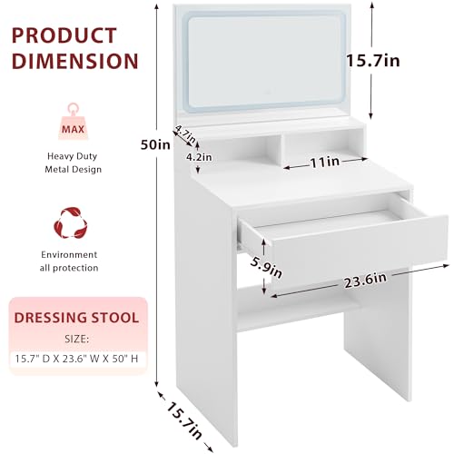 Dowinx Small Vanity Desk with Mirror and Lights, Small Makeup Vanity Desk with LED Lighted Mirror, Makeup Table with 3 Lighting Modes & Adjustable Brightness, Dressing Table for Women Girls Bedroom Dowinx