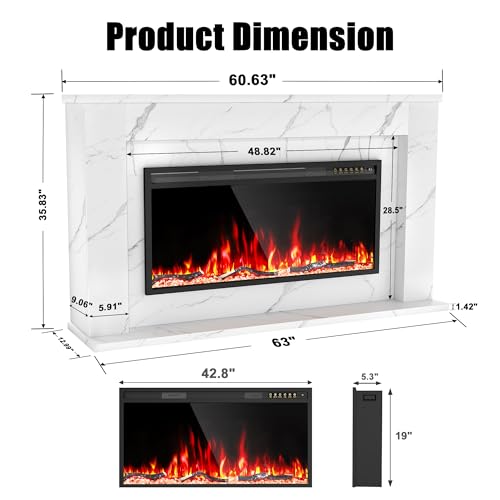 60 Inch Electric Fireplace with Mantel, Replaceable 42”Fireplace Insert Heater, 3D Realistic Log and Flame Effect, Timer, White Marble Finish for Living Room Bedroom Eshoma
