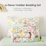 Wake In Cloud - Floral Toddler Bedding Set for Girls, Cute Colorful Botanical Flowers with Deers, 4 Pieces Soft Crib Bed Set Including Comforter, Sheets and Pillowcase, Green Cream Wake In Cloud