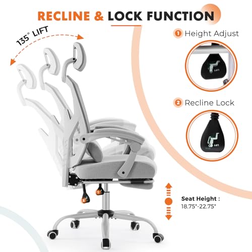 Sweetcrispy Office Computer Desk Chair with Footrest,Ergonomic High-Back Mesh Rolling Work Swivel Chairs with Wheels,Comfortable Lumbar Support,Comfy Arms for Home,Bedroom,Study,Student,Light Grey Sweetcrispy