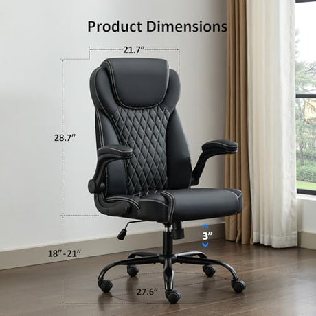 amseatec Office Chair, Executive PU Leather Chair Home Office Desk Chairs, Ergonomic Computer Desk Chair with Adjustable Flip-Up Arms, Lumbar Support Swivel Task Chair with Rocking Function (Black) amseatec