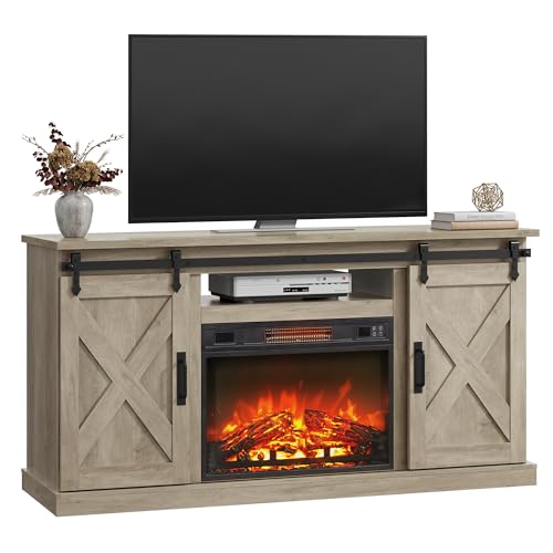 WLIVE Farmhouse Electric Fireplace TV Stand for TVs up to 65", Entertainment Center with Sliding X-Shaped Barn Door & Storage Cabinet, Media TV Console with 23" Fireplace for All Seasons, Grey Oak WLIVE