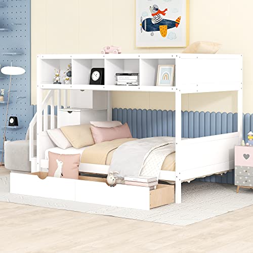 Harper & Bright Designs Twin Over Full Bunk Bed with Storage Shelves, Stairs, Solid Wood Staiway Bunk Bed Frame with 2 Drawers, for Kids Teens Adults (White) Harper & Bright Designs