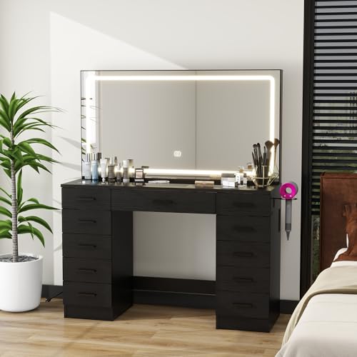 Vanity Desk with 11 Drawers,Glass Top Makeup Table with Mirror and LED Lights Vanity Table with Stool 3 Lighting Modes Brightness Adjustable Dressing Table with Power Outlet&Hair Dryer Holder (Black) Panana