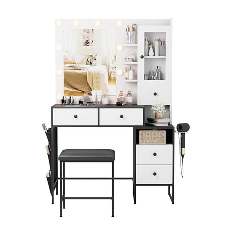 YIKEHOME 39" W Vanity Desk with Mirror, Makeup Vanity Set with Power Outlet and Comfortable Bench, Big Dressing Table with Lights Mirror and Drawers for Makeup, Modern Vanity for Bedroom Black YIKEHOME