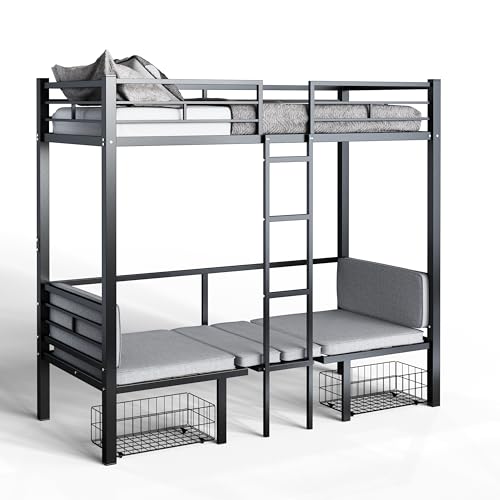PVWIIK Full Size Loft Bed with Drawer and Desk for Dormitory,Living Room,Bedroom,Metal Bed Frame w/Wood Slats Support/Table Sets Transformable to Full Over Full Bunk Bed,No Box Spring Needed, Black PVWIIK