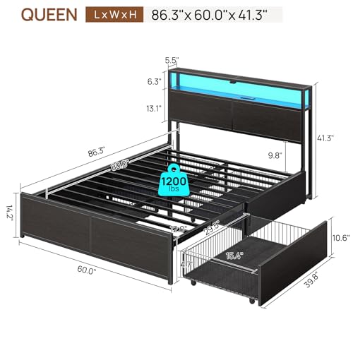 Rolanstar Queen Bed Frame with 4 Storage Drawers, Charging Station and LED Lights, Metal Platform Bed with 2-Tier Storage Headboard, No Box Spring Needed, Easy Assembly, Noise-Free, Black Rolanstar