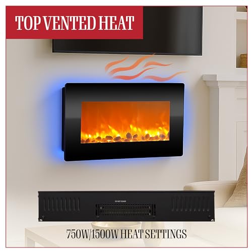 Northwest Electric Fireplace - 30 Inch Wall Mounted Fireplace - 13 Backlight Colors and Remote Controlled LED Flames, Heat, and Brightness (Black) Northwest