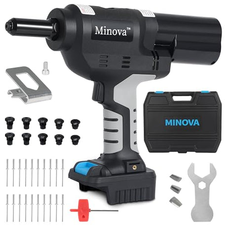 Minova 18V Brushless Rivet Gun, Battery Cordless Rivet Tool Compatible with Stainless Steel Rivets, Bare Machine Automatic Rivet Recoil with MWK Battery Converter, Portable Carrying Case Minova