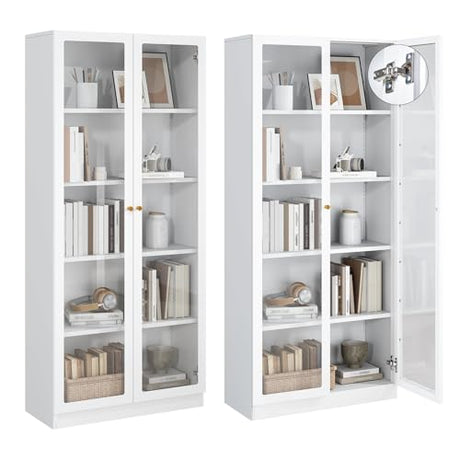 IRONMIX Modern Bookshelf with Doors and Shelves, 70.87" H Metal Bookshelf, Tall Bookcase, 5-Tier Curio Cabinet for Collectibles, White Storage Cabinet Display Case for Home Office, Living Room, School IRONMIX