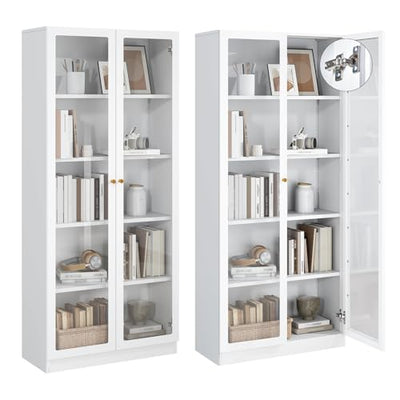IRONMIX Modern Bookshelf with Doors and Shelves, 70.87" H Metal Bookshelf, Tall Bookcase, 5-Tier Curio Cabinet for Collectibles, White Storage Cabinet Display Case for Home Office, Living Room, School