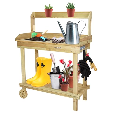 LUCKYERMORE Potting Bench Table Wooden Gardening Plant Workstation Natural Solid Wood Garden Potting Station w/Wheels and Drawer Sink Hook Open Shelf for Outside Patio Lawn Garden, Banco para macetas LUCKYERMORE