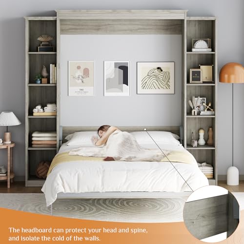 Rophefx Queen Murphy Bed Cabinet with 5-Tier Adjustable Storage Shelves, Queen Wall Bed Cabinet Bed, Wood Space Saving Beds, Foldable Platform Beds, Hidden Bedframe for Guest Room, Bedroom,Grey Rophefx
