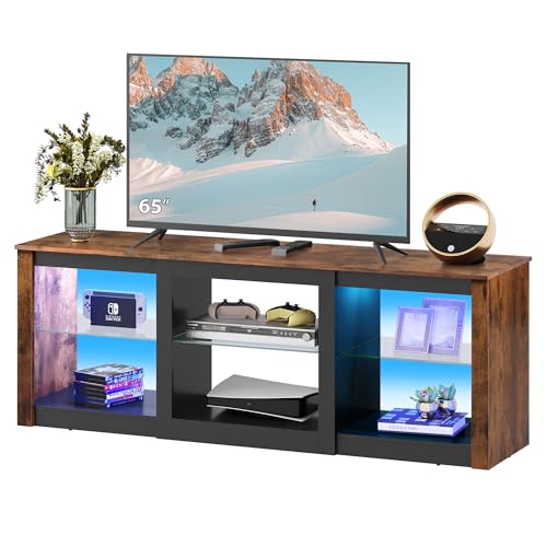 WLIVE TV Stand for 65 Inch TV, Entertainment Center with Adjustable Glass Shelves, LED TV Console, TV Stands for Living Room, Rustic Brown - WoodArtSupply