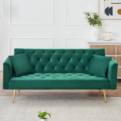 71" Modern Velvet Sofa Bed Futon, Convertible Sleeper Couch with Adjustable Backrest, Tufted Recliner Loveseat with Golden Chrome Legs & 2 Pillows for Small Spaces, Living Room, Apartment (Green) Generic