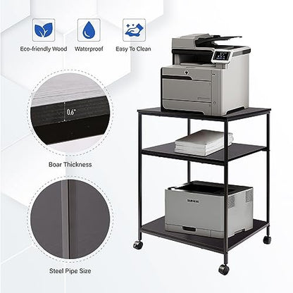 EMERIT Large Printer Stand, 23.6" W x 18.9" D x 31.5" H Printer Table with Adjustable Storage Shelf, 3 Tier Rolling Laser Printer Cart with Wheels for Home Office- Support 100 LBS Each Tier