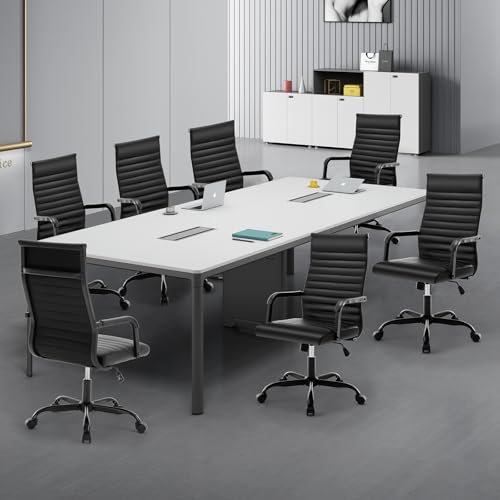 Haranuo Office Chair, Ergonomic Executive Conference Room Chairs, Ribbed Leather Desk Chair with Lumbar Support, Adjustable Height Mid-Back Swivel Chair with Padded Seat and Square Tube Armrests Haranuo