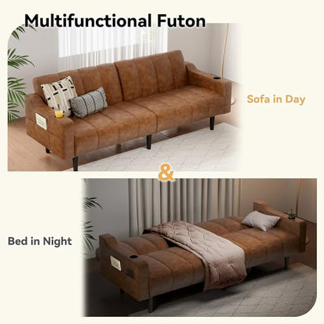 Amerimores Futon Sofa Bed, 80" Faux Leather Couch, Sleeper Sofa Bed with Adjustable Backrest& Storage, Mid Century Modern Loveseat Couch for Living Room, Bedroom and Small Spaces, Brown Amerimores