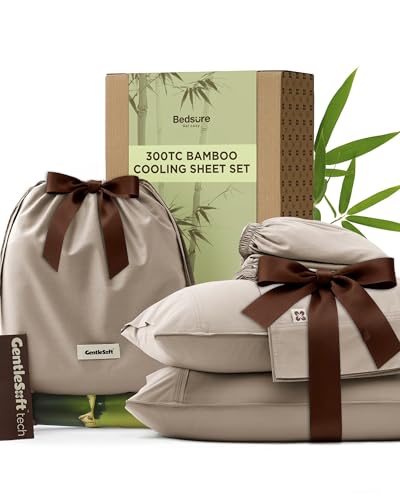 Bedsure Bamboo Viscose Cooling Sheets, Rayon Cotton Blend, Breathable & Buttery Soft King Size Sheets Set, Deep Pocket Up to 18", Hotel Luxury Bedding for Hot Sleepers, Simply Taupe