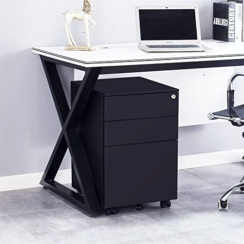 3 Drawer Mobile File Cabinet with Lock, Metal Filing Cabinet with Wheels, Under Desk Storage Cabinet for Home Office, Fully Assembled, Black WoodArtSupply