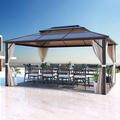 EROMMY 12' x 16' Gazebo Polycarbonate Double Roof Canopy Outdoor Aluminum Frame Pergola, Permanent Pavilion with Netting and Curtains for Garden Patio Lawns Parties - WoodArtSupply