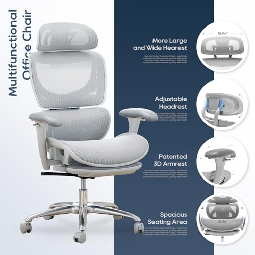 COLAMY Ergonomic Mesh Office Chair, High Back Desk Chair with Footrest, Adjustable Headrest and 3D Arms, Fixed Tilt Lock, Lumbar Support, Breathable Mesh Computer Chair for Home Office,Grey COLAMY