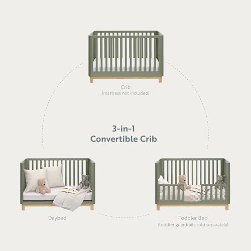 Storkcraft Santos 3-in-1 Convertible Crib (Olive with Natural) – GREENGUARD Gold Certified, Fits Standard Crib Mattress, Converts to Toddler Bed and Daybed, Rounded Details, Designer Edition