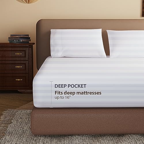 100% Egyptian Cotton Fitted Sheet King Size, 600 Thread Count, Single Fitted Sheet Only,16" Deep Pocket Sheet, Soft & Elastic Sateen Weave Bottom Sheet for Hotel & Home (White-Stripe, King) Zaizaihome