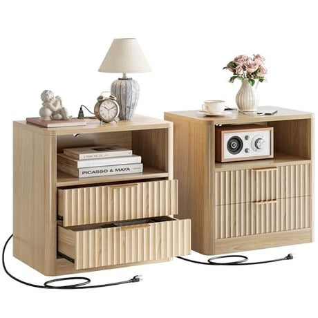 IRONCK Fluted Night Stand Set of 2, Modern Nightstand with Charging Station, Drawers and Open Shelves - Bedside Table Wood Side Table Set for Bedroom IRONCK